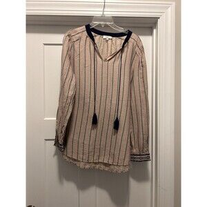 Hayden LA Peasant Tunic Top Size XL Tan Striped Lightweight Boho Long Speeve